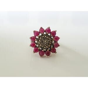 Vintage Sterling Silver Sunflower Ruby and Marcasite Ring